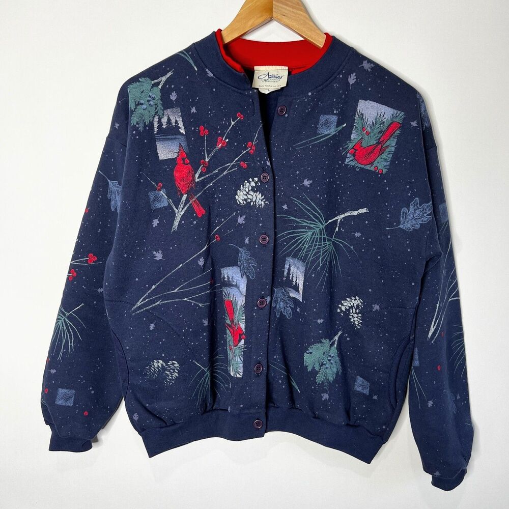 Vintage Artisans Christmas Sweatshirt Button Up Cardinal Winter Women's Medium